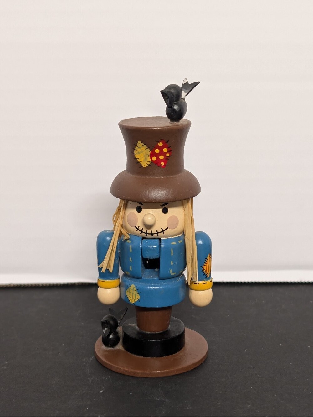 Wooden Scarecrow Nutcracker Figurine with Bird Top Hat Farm Decor 4.5"